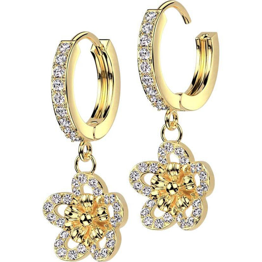 CZ Pave Flower Dangle Hoop Earrings