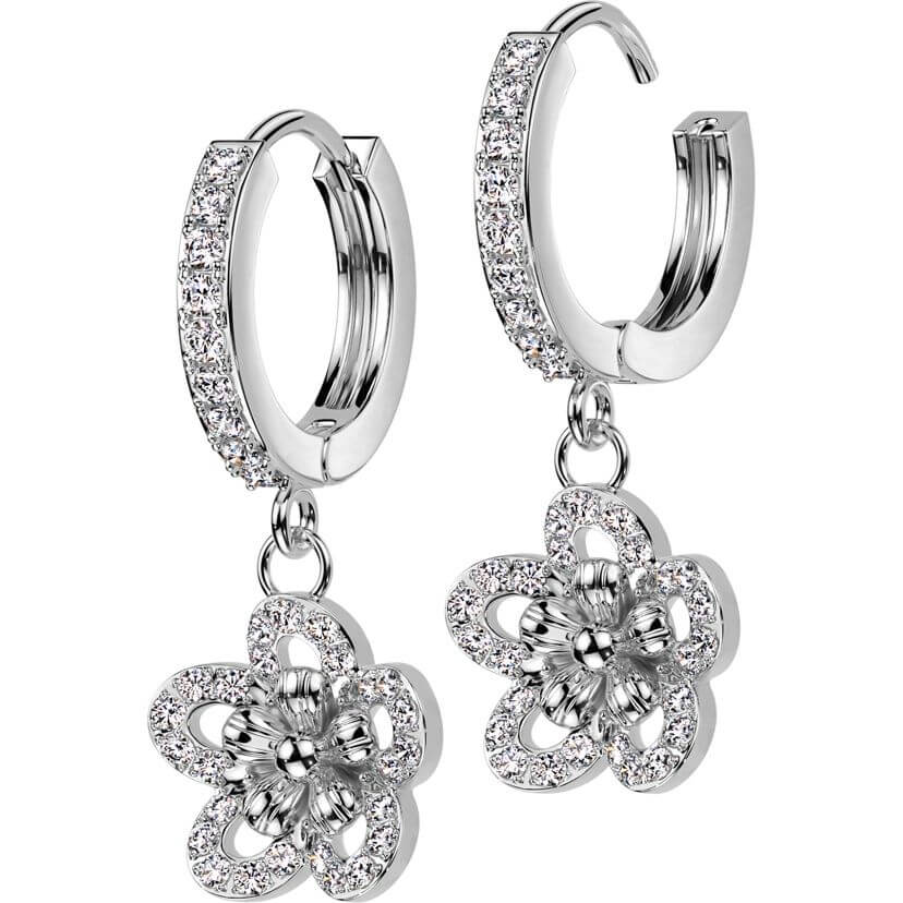 CZ Pave Flower Dangle Hoop Earrings