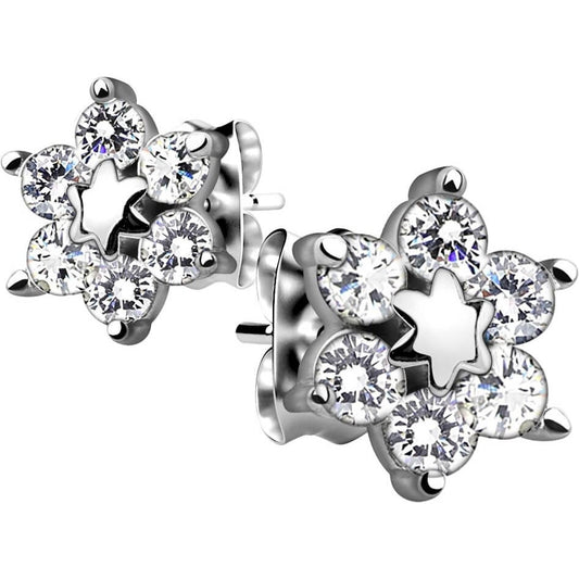 Sterling Silver CZ Star Flower Stud Earrings