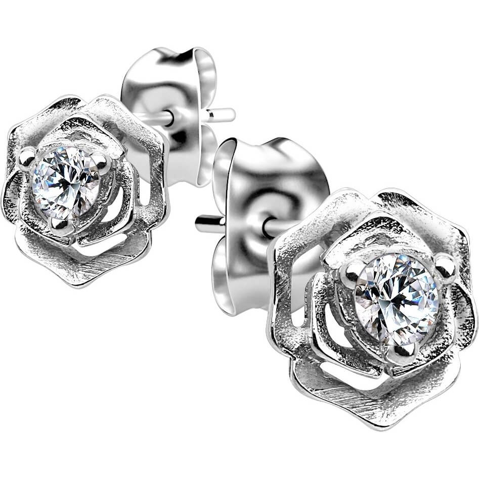 Sterling Silver Rose Stud Earrings with CZ Center