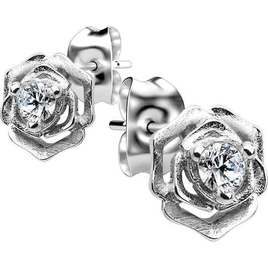 Sterling Silver Rose Stud Earrings with CZ Center