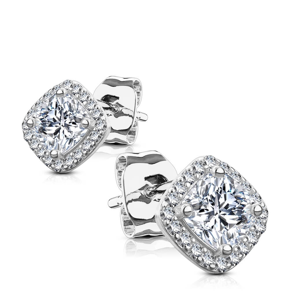 Sterling Silver CZ Pavé Square Cushion Stud Earrings