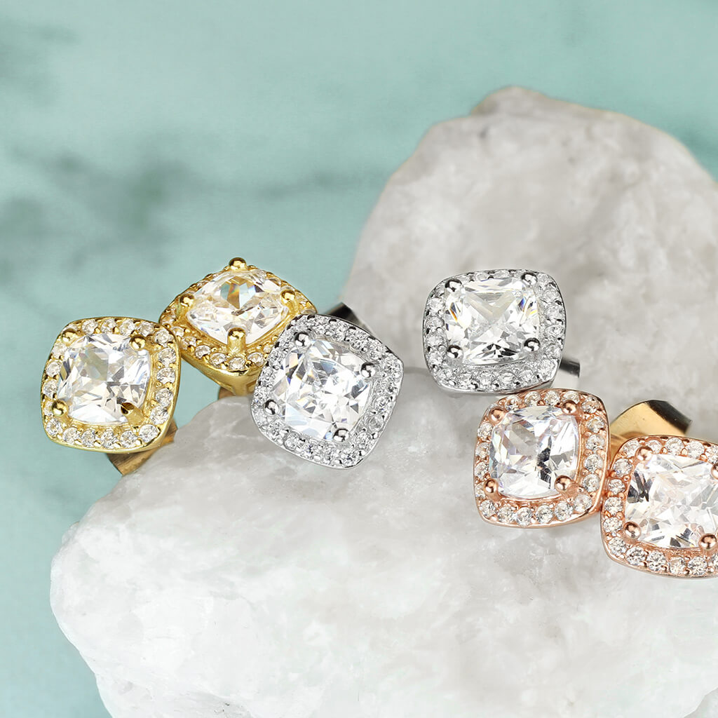 Sterling Silver CZ Pavé Square Cushion Stud Earrings
