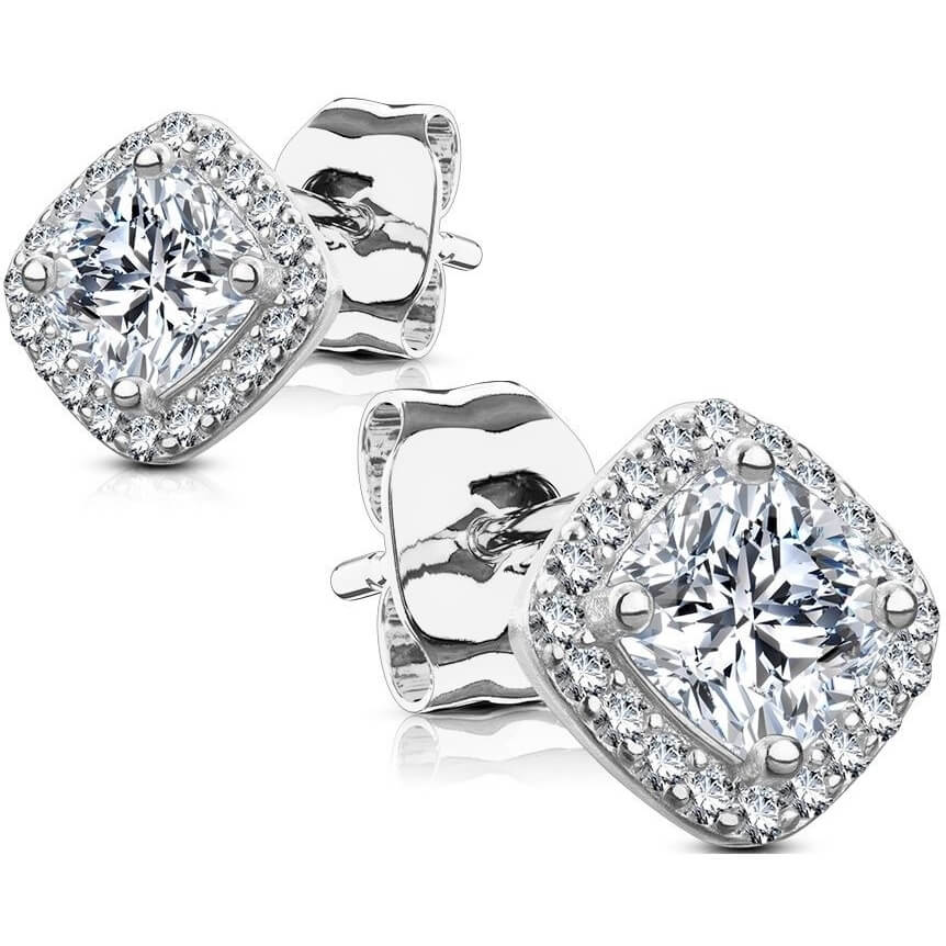 Sterling Silver CZ Pavé Square Cushion Stud Earrings