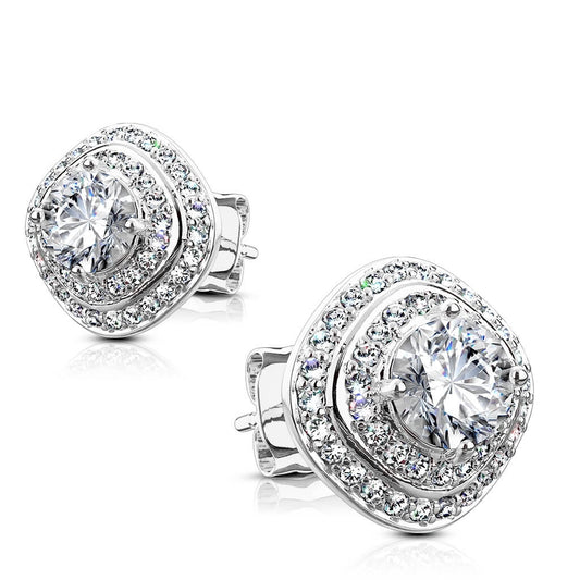 Sterling Silver CZ Pavé Triple Tier Square Stud Earrings
