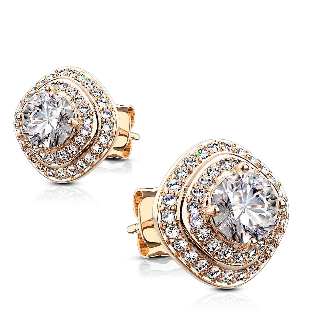 Sterling Silver CZ Pavé Triple Tier Square Stud Earrings