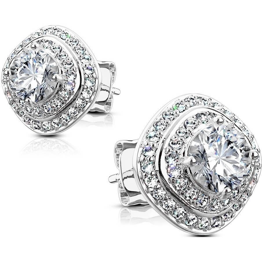 Sterling Silver CZ Pavé Triple Tier Square Stud Earrings