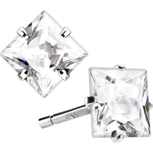 Sterling Silver Square Cut CZ Stud Earrings