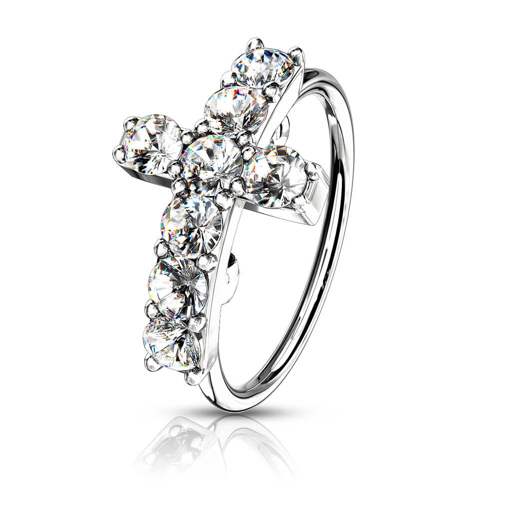 CZ Paved Cross Bendable Nose Hoop - Surgical Steel