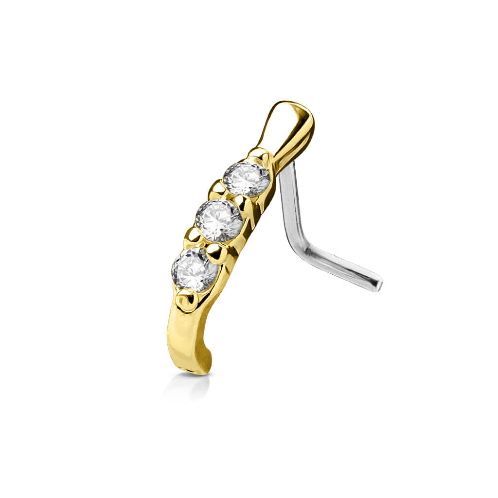 Triple CZ L-Bend Nose Crawler Stud - Surgical Steel