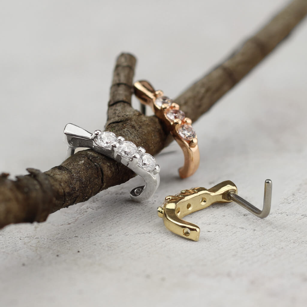 Triple CZ L-Bend Nose Crawler Stud - Surgical Steel