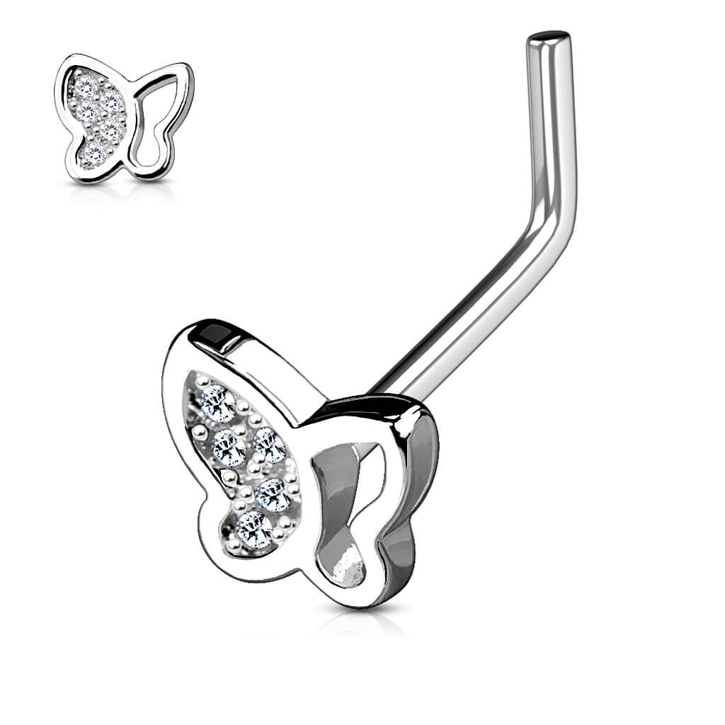 Half-Paved CZ Butterfly L-Bend Nose Ring