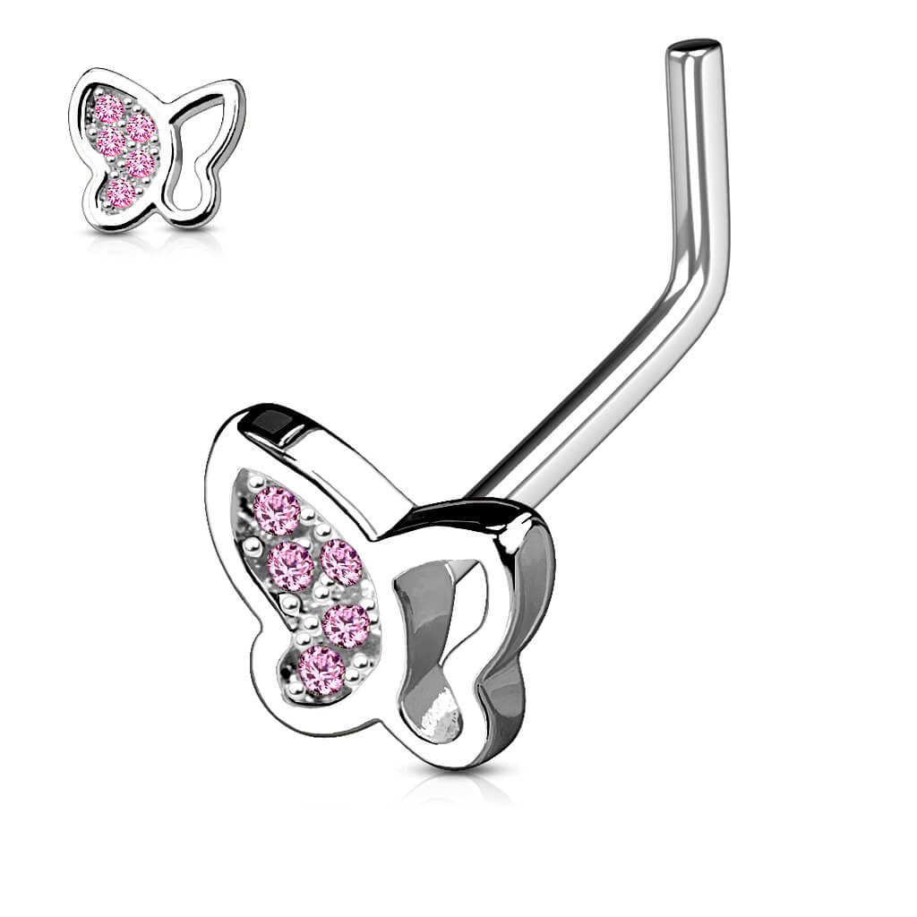 Half-Paved CZ Butterfly L-Bend Nose Ring
