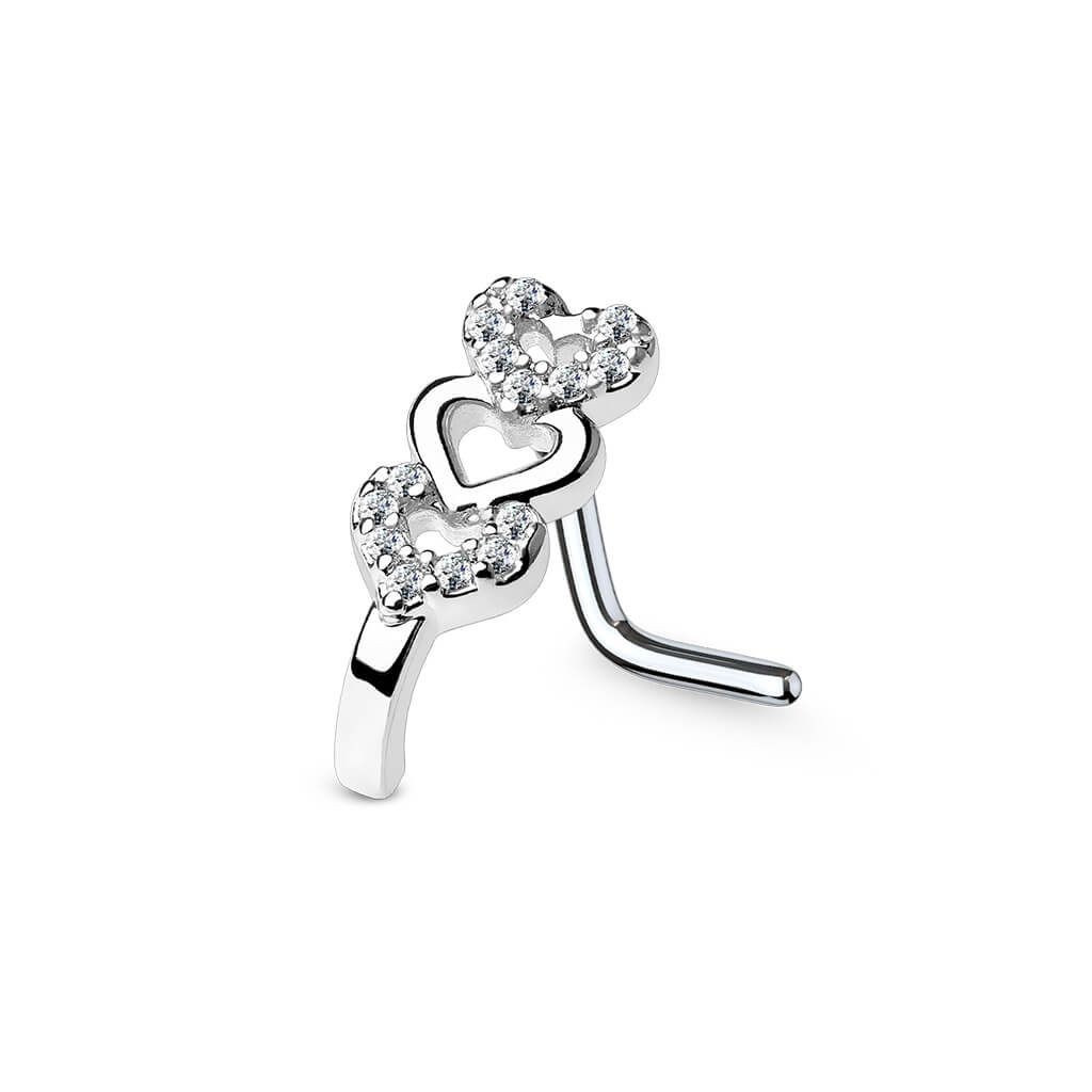 CZ Triple Heart Crawler L-Bend Nose Stud