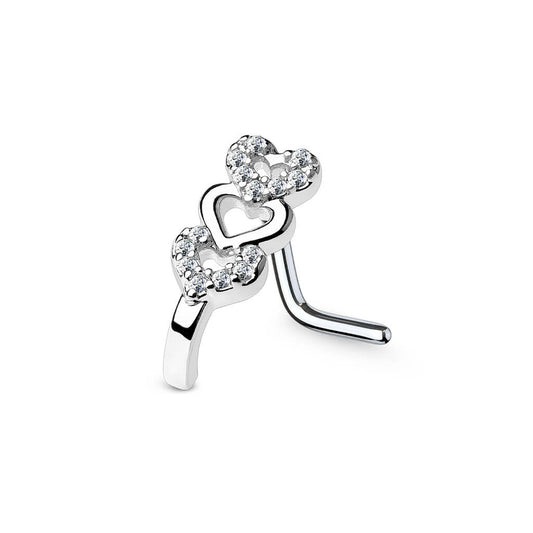 CZ Triple Heart Crawler L-Bend Nose Stud