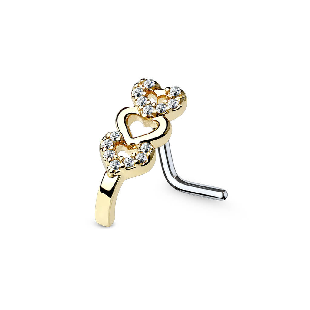 CZ Triple Heart Crawler L-Bend Nose Stud