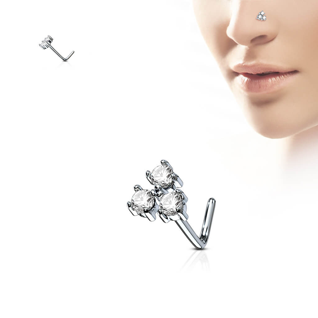 Triangle Trio CZ Prong-Set L-Bend Nose Stud