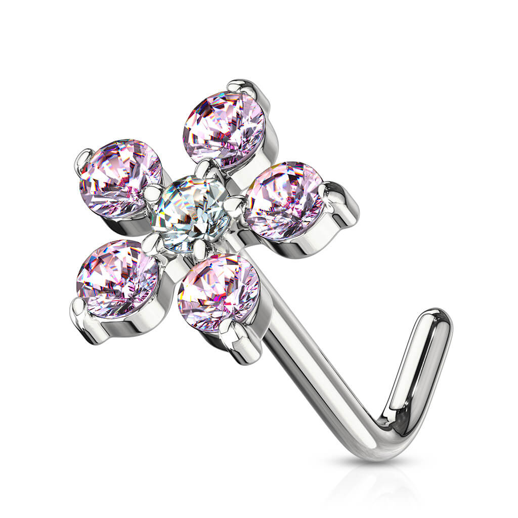 Six-Petal CZ Flower L-Bend Nose Stud