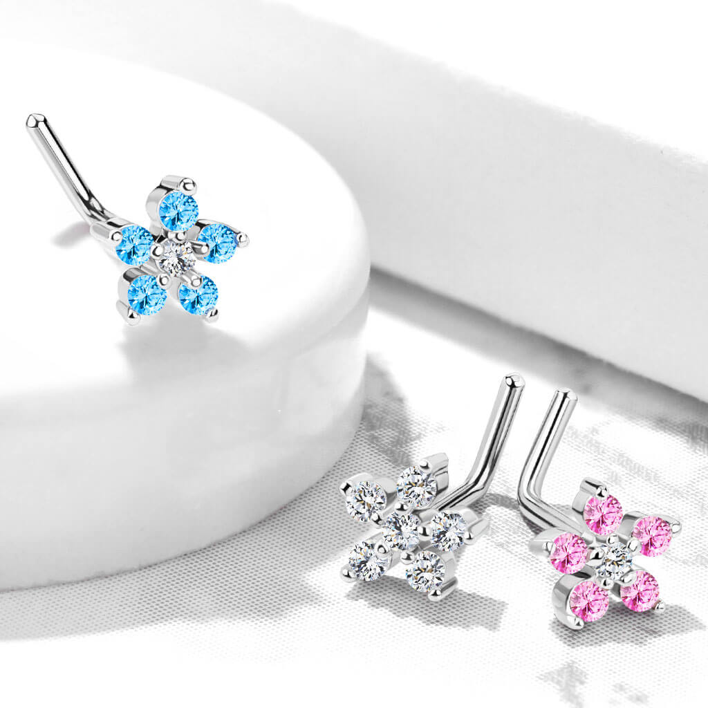 Six-Petal CZ Flower L-Bend Nose Stud