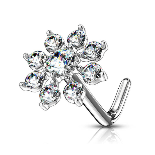 Double Tiered CZ Starburst L-Bend Nose Stud