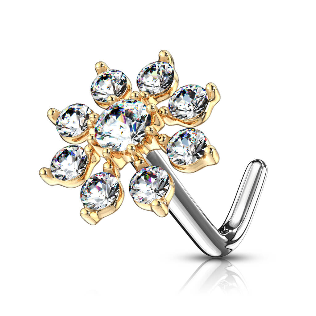 Double Tiered CZ Starburst L-Bend Nose Stud