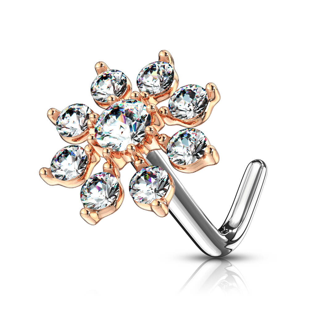 Double Tiered CZ Starburst L-Bend Nose Stud