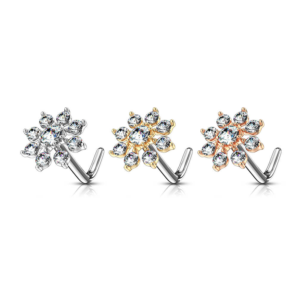 Double Tiered CZ Starburst L-Bend Nose Stud