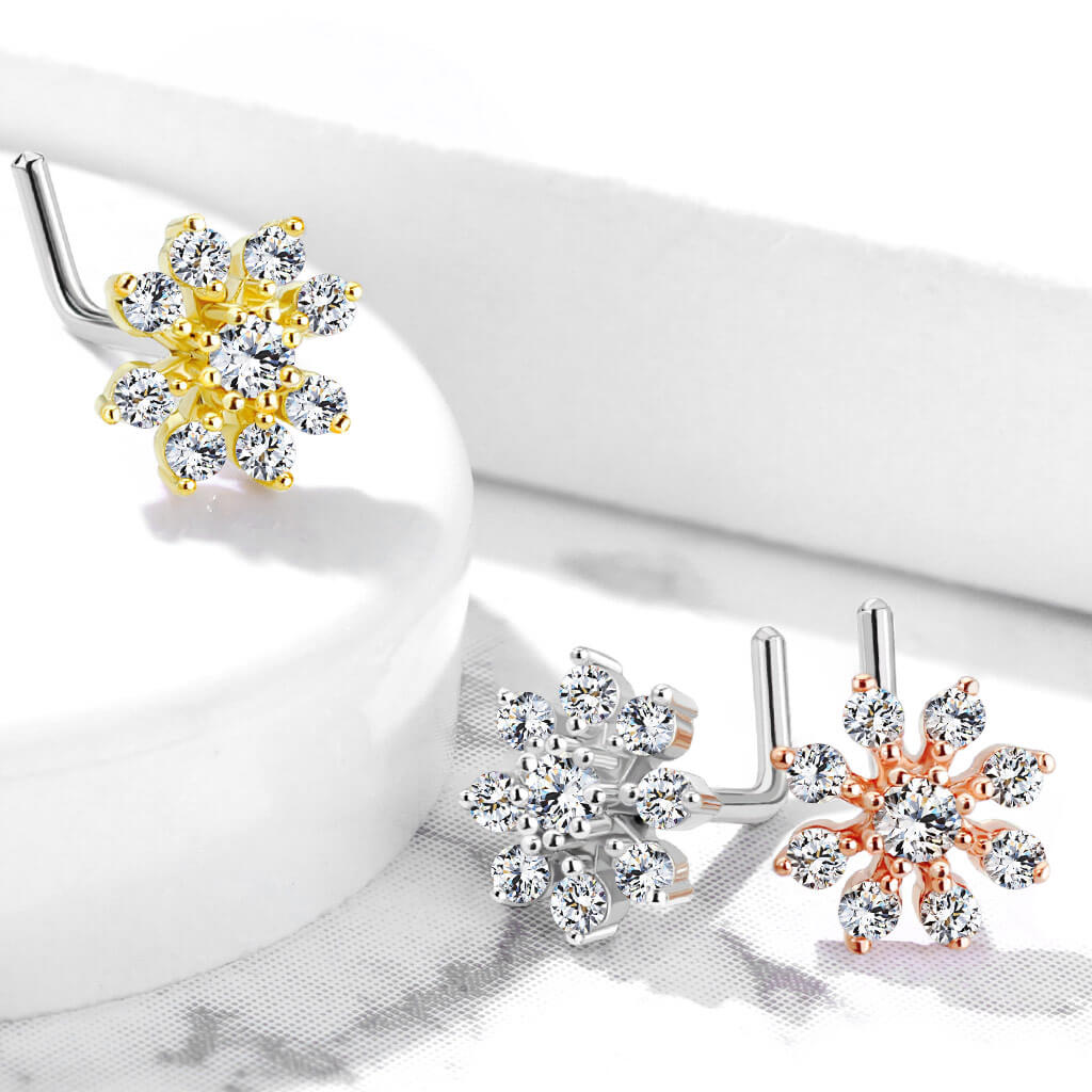 Double Tiered CZ Starburst L-Bend Nose Stud