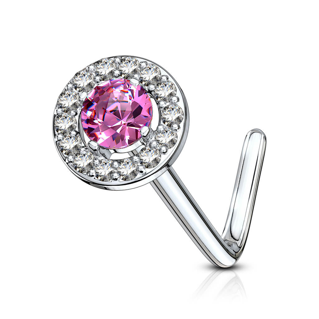 Double Tiered Round CZ Top L-Bend Nose Stud