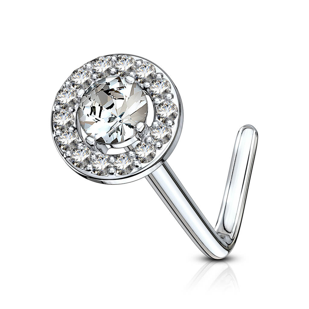 Double Tiered Round CZ Top L-Bend Nose Stud