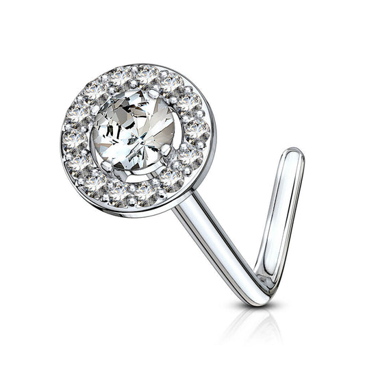 Double Tiered Round CZ Top L-Bend Nose Stud
