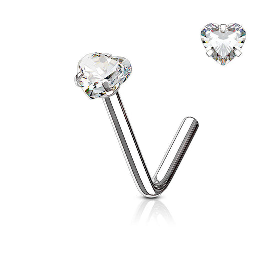 Heart CZ Prong L-Bend Nose Stud