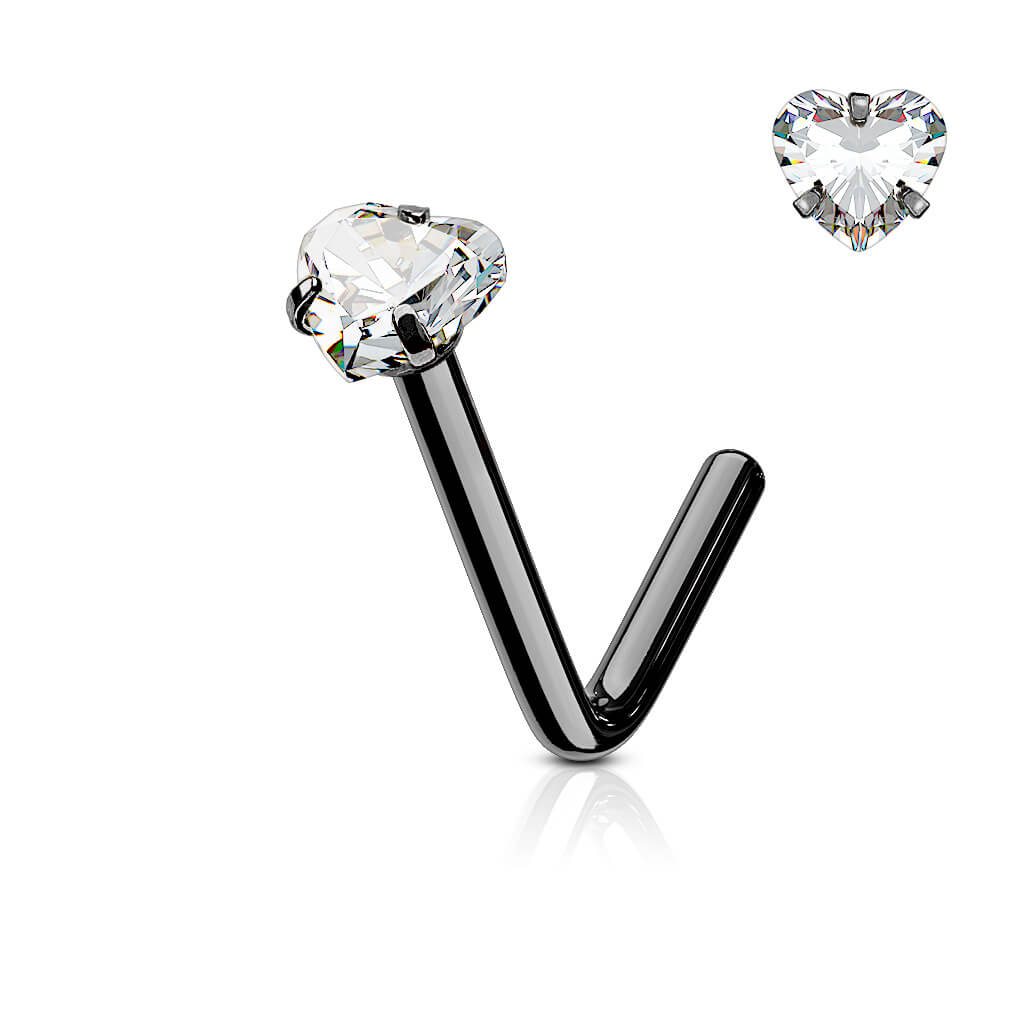 Heart CZ Prong L-Bend Nose Stud