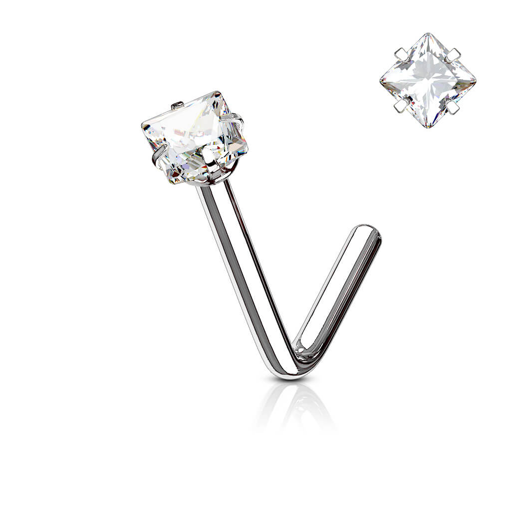 Square CZ Prong-Set L-Bend Nose Stud
