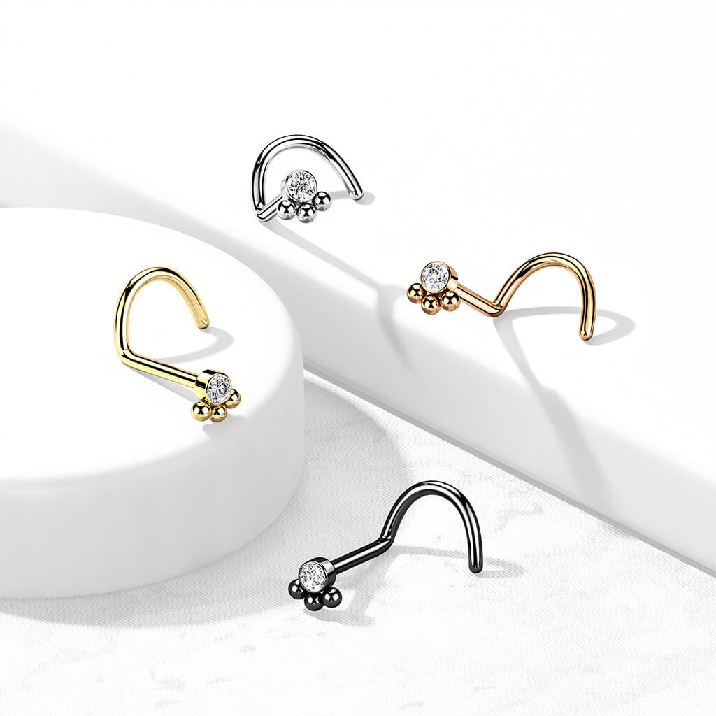 Triple Bead Cluster CZ Nose Screw Ring