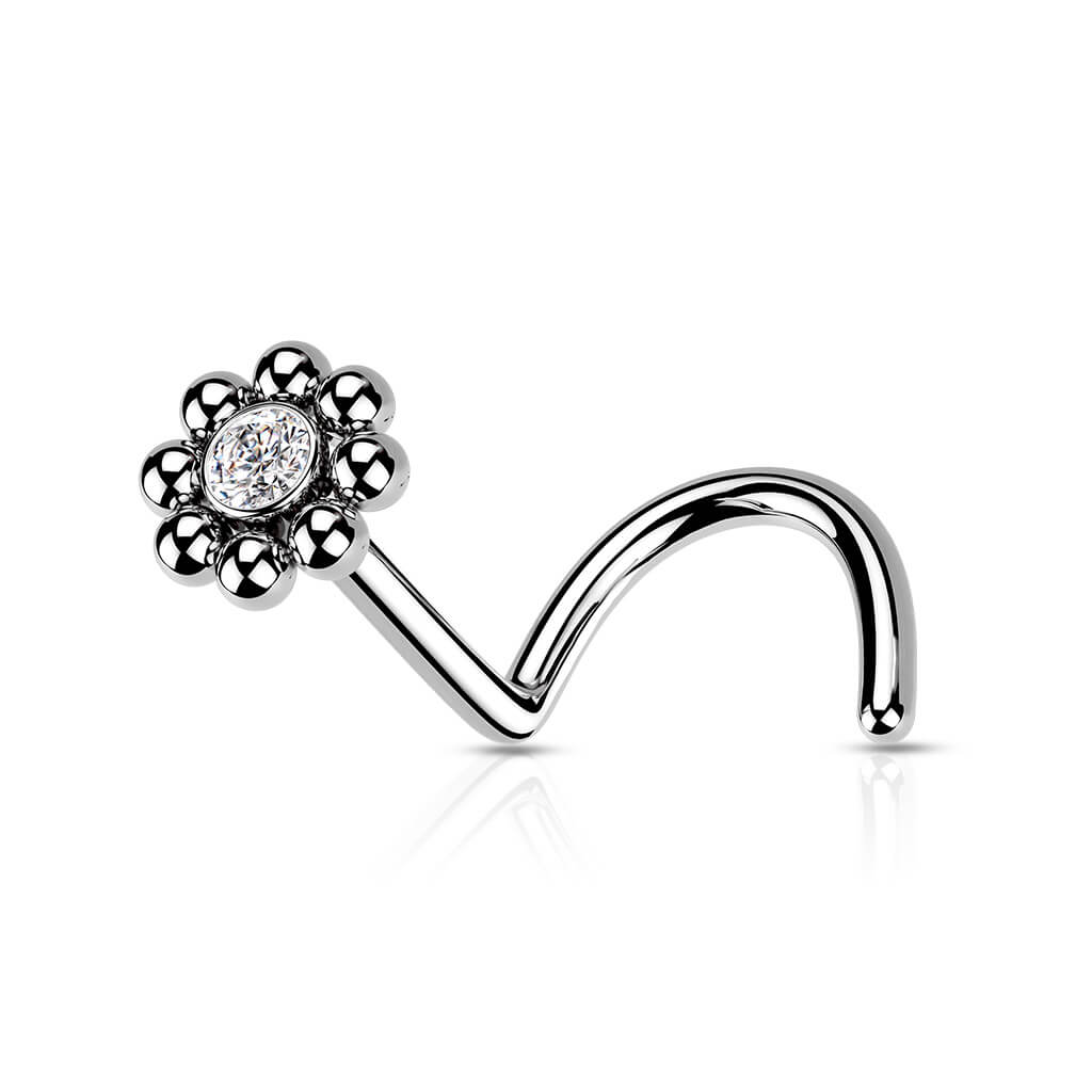 Beaded Edge CZ Center Nose Screw Ring