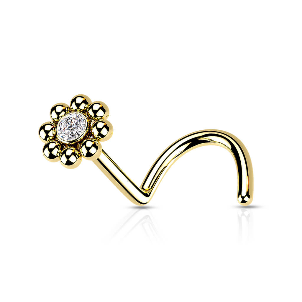 Beaded Edge CZ Center Nose Screw Ring