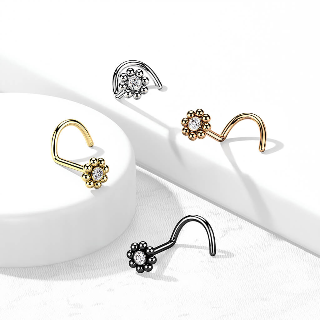 Beaded Edge CZ Center Nose Screw Ring