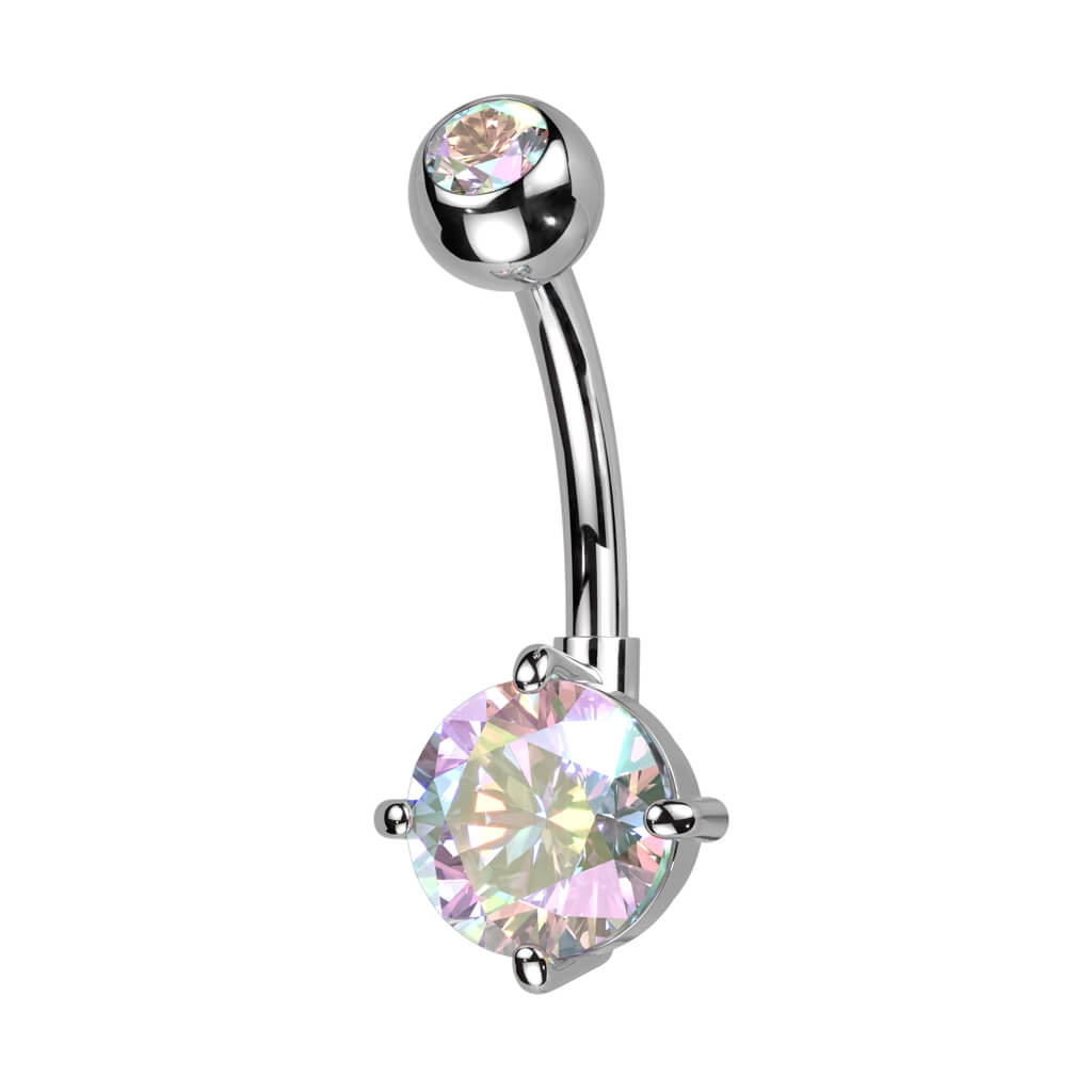 Titanium Belly Ring with Bezel CZ Top & Round Prong-Set CZ Dangle