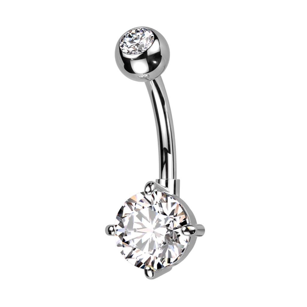Titanium Belly Ring with Bezel CZ Top & Round Prong-Set CZ Dangle