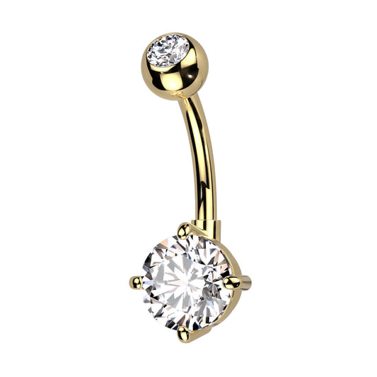Titanium Belly Ring with Bezel CZ Top & Round Prong-Set CZ Dangle