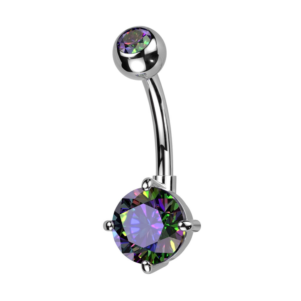 Titanium Belly Ring with Bezel CZ Top & Round Prong-Set CZ Dangle