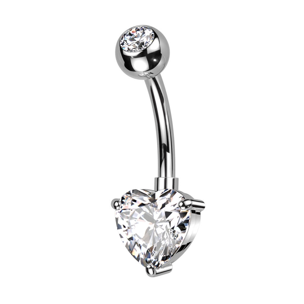 Titanium Belly Ring with CZ Top & Heart Prong-Set CZ Dangle