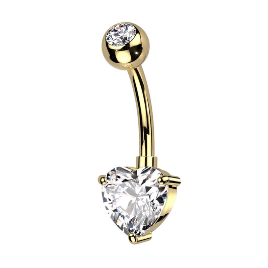 Titanium Belly Ring with CZ Top & Heart Prong-Set CZ Dangle