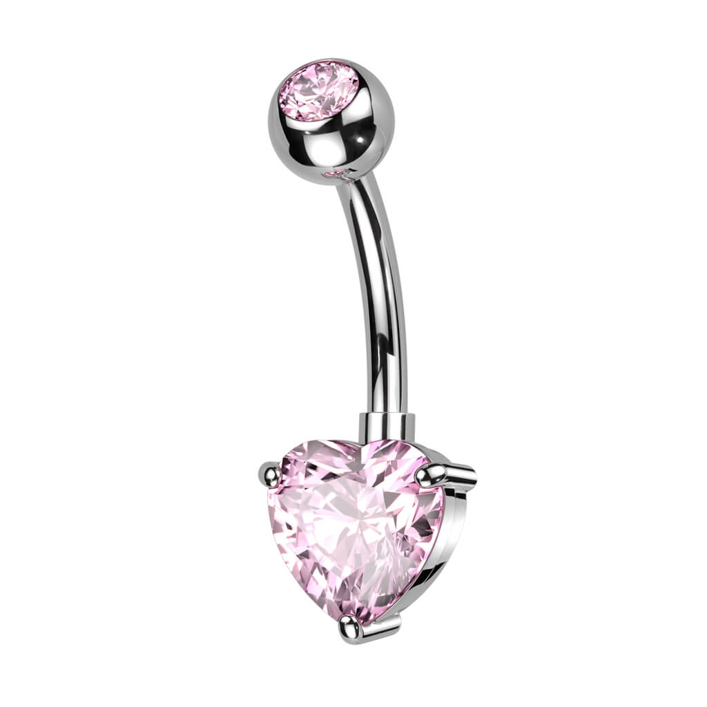 Titanium Belly Ring with CZ Top & Heart Prong-Set CZ Dangle