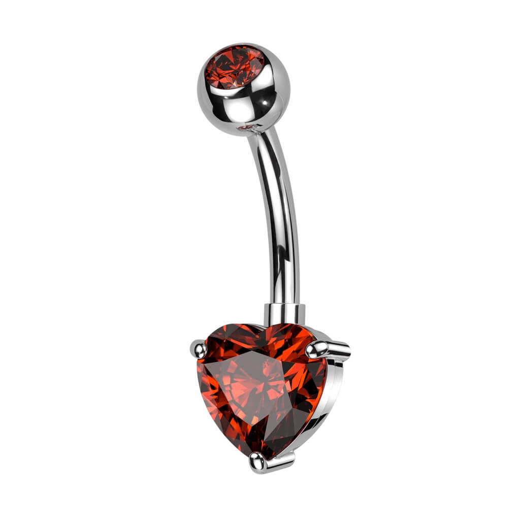Titanium Belly Ring with CZ Top & Heart Prong-Set CZ Dangle