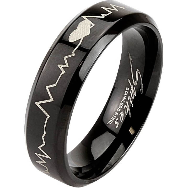 Heartbeat Laser-Etched Black Band Ring