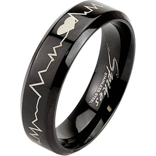 Heartbeat Laser-Etched Black Band Ring