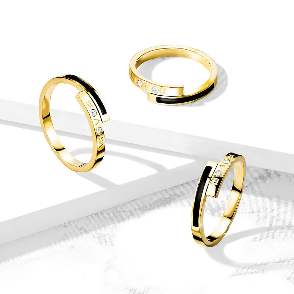Roman Numeral Coil Gold Ring with CZ & Black Enamel