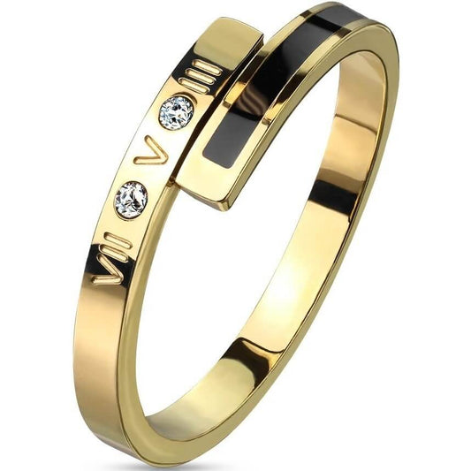 Roman Numeral Coil Gold Ring with CZ & Black Enamel